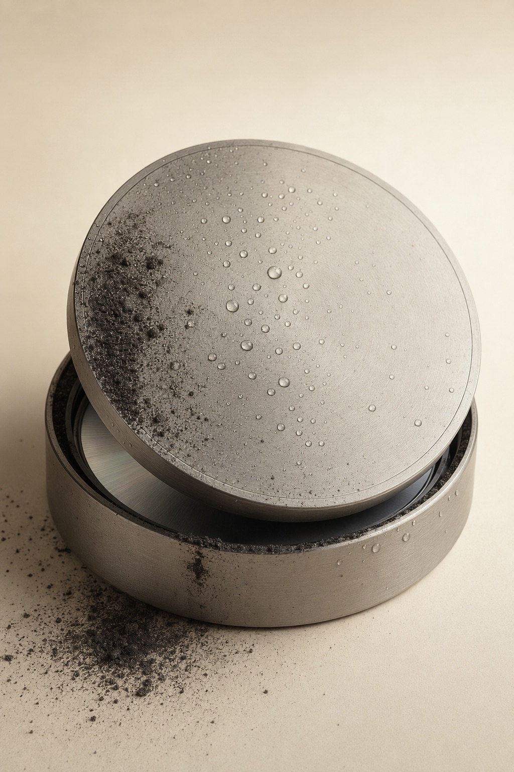 An open metal archival case, dusted with ash and beaded with rain, holding a disc